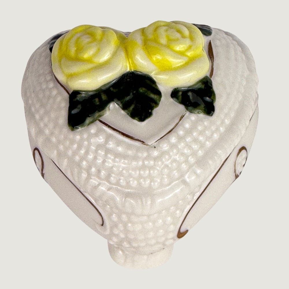 Vintage 1980s Porcelain Heart Trinket Box Yellow Roses Raised Floral
